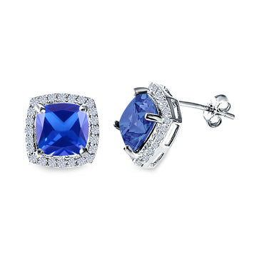 Cushion Cut Stud Earrings Simulated Tanzanite CZ 925 Sterling Silver